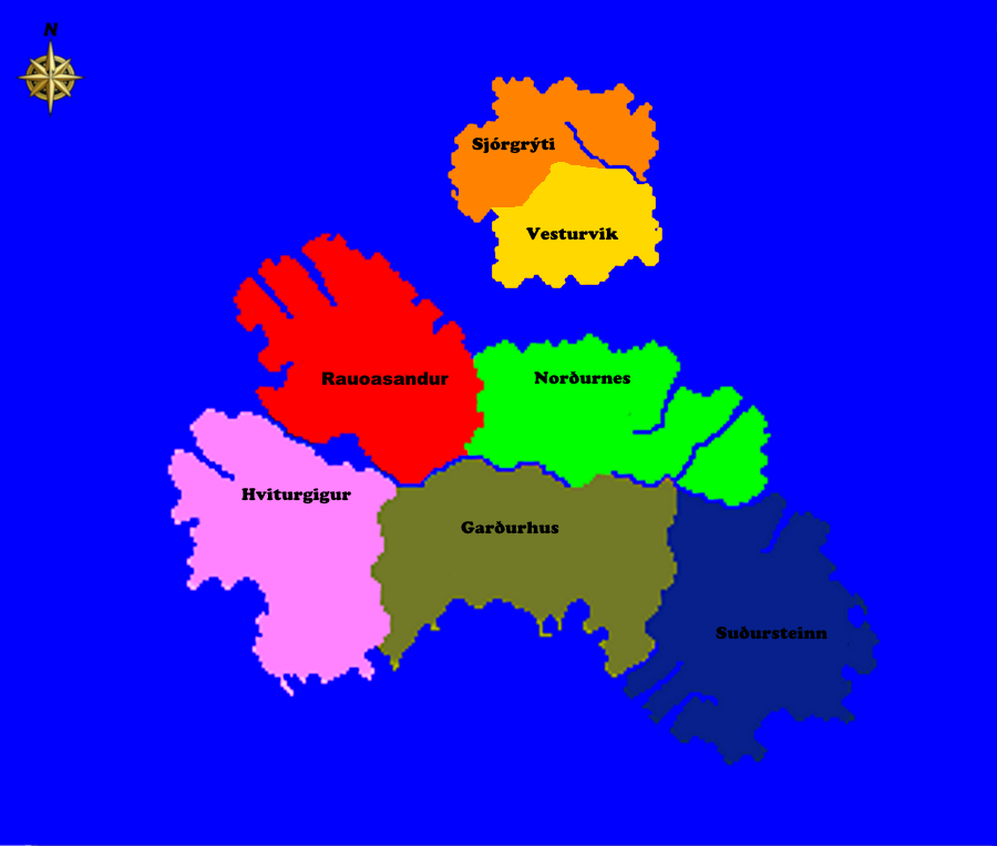 Administrative map of Svarthaedir with color-coded provincial borders, capitals, and district labels.