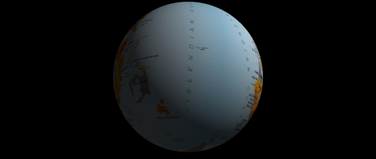 Animated rotating globe centered near Svarthaedir and the surrounding southern oceanic region.