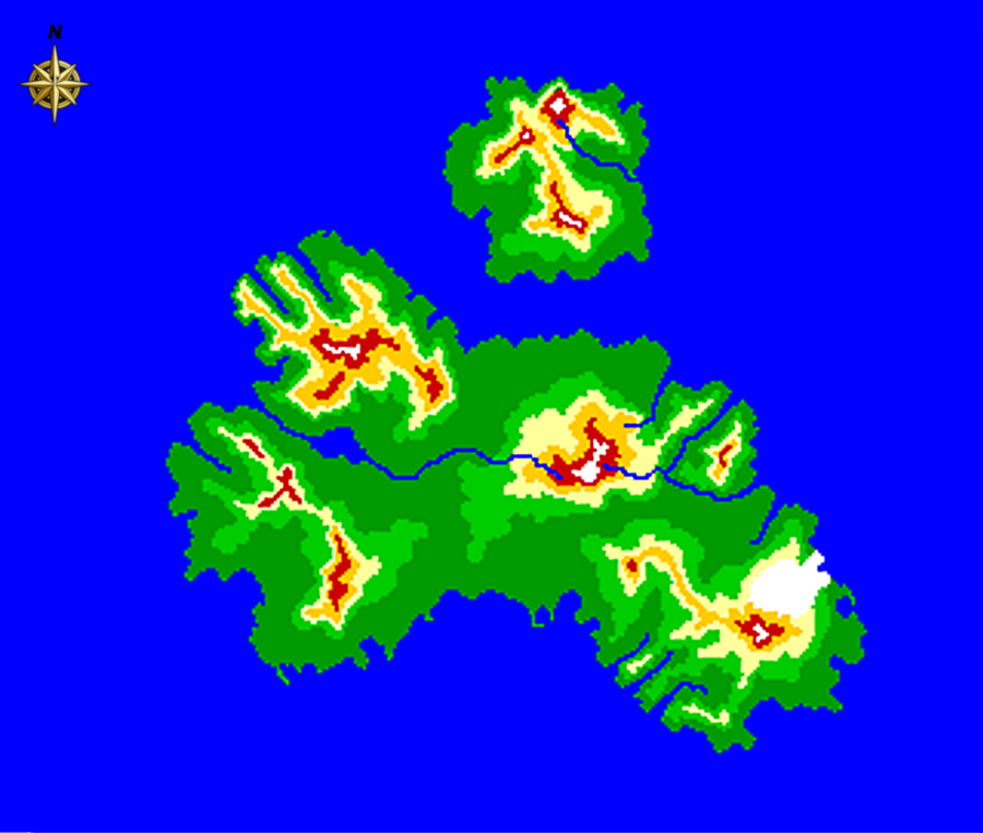 Topographic map of Svarthaedir showing mountain ranges, valley corridors, elevation bands, and watershed basins.